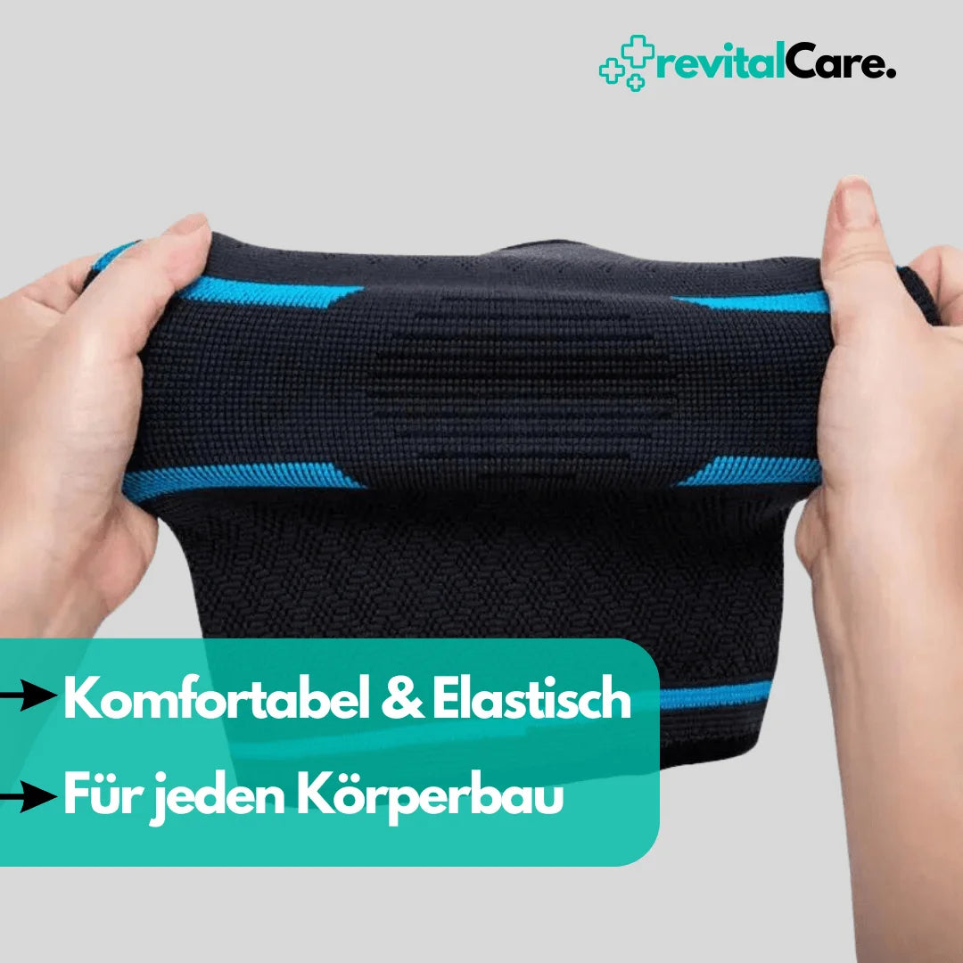 Flexible revitalCare Kniebandage, passend für verschiedene Körperbauten, bietet Komfort und Elastizität.