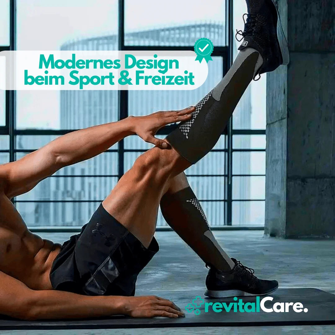 Athlet trägt Kompressionssocken mit modernem Design während des Trainings, stilvoll geeignet für Sport und Freizeit.