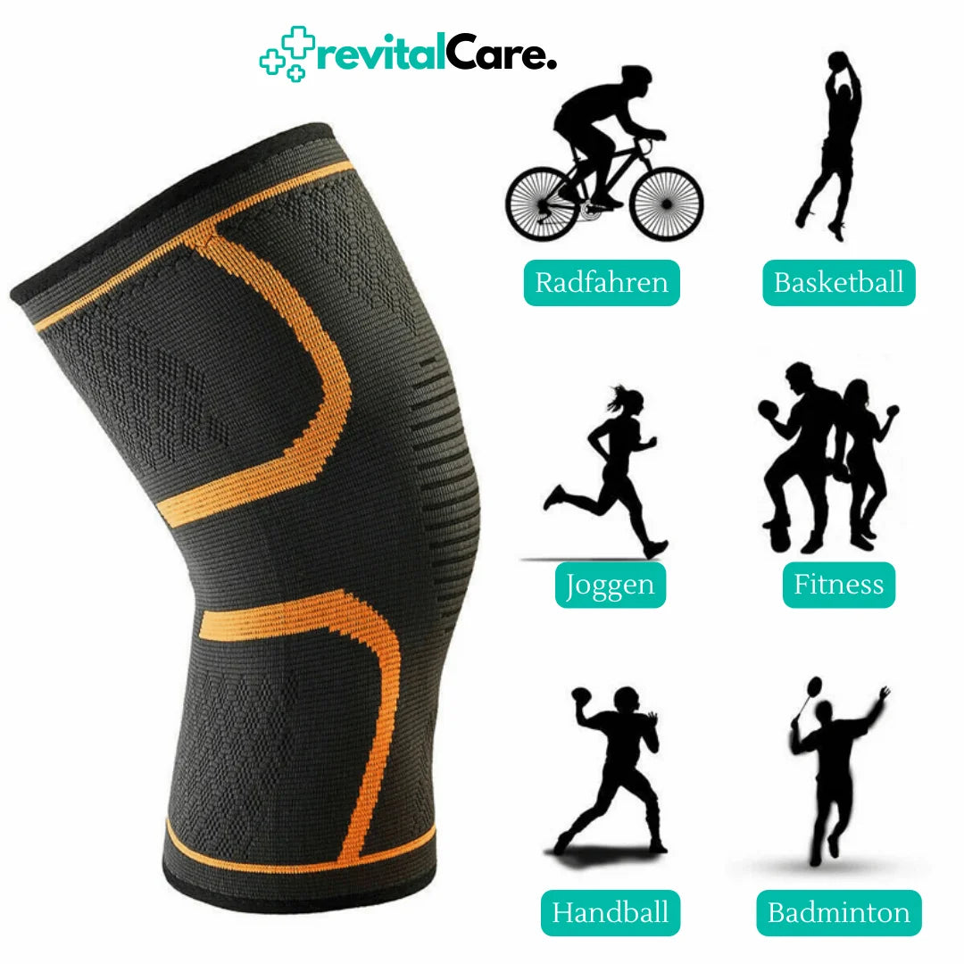 Multifunktionale schwarze Kniebandage von RevitalCare für Sportaktivitäten wie Radfahren, Joggen, Basketball und Fitness