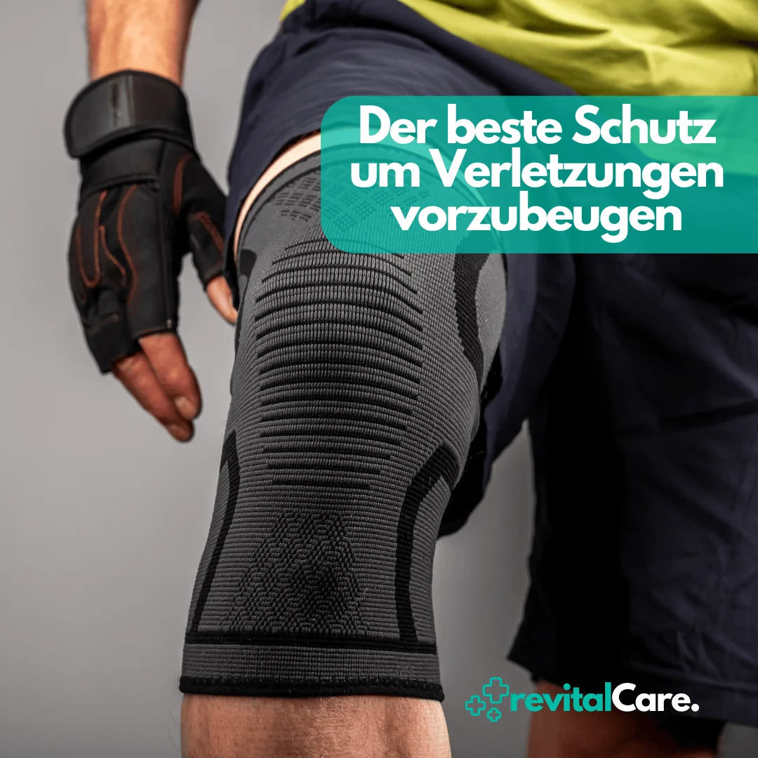 RevitalCare Knie-Support in Aktion, bietet optimalen Schutz und Prävention vor Verletzungen beim Sport mit reflektierenden Details für Sicherheit.