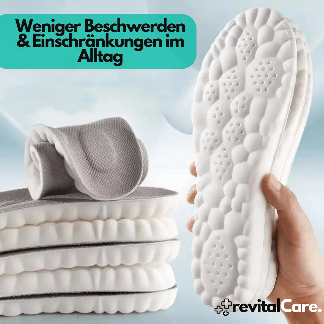 Stapel von revitalCare 4D Cloud Einlegesohlen mit Fokus auf Komfort und Alltagstauglichkeit