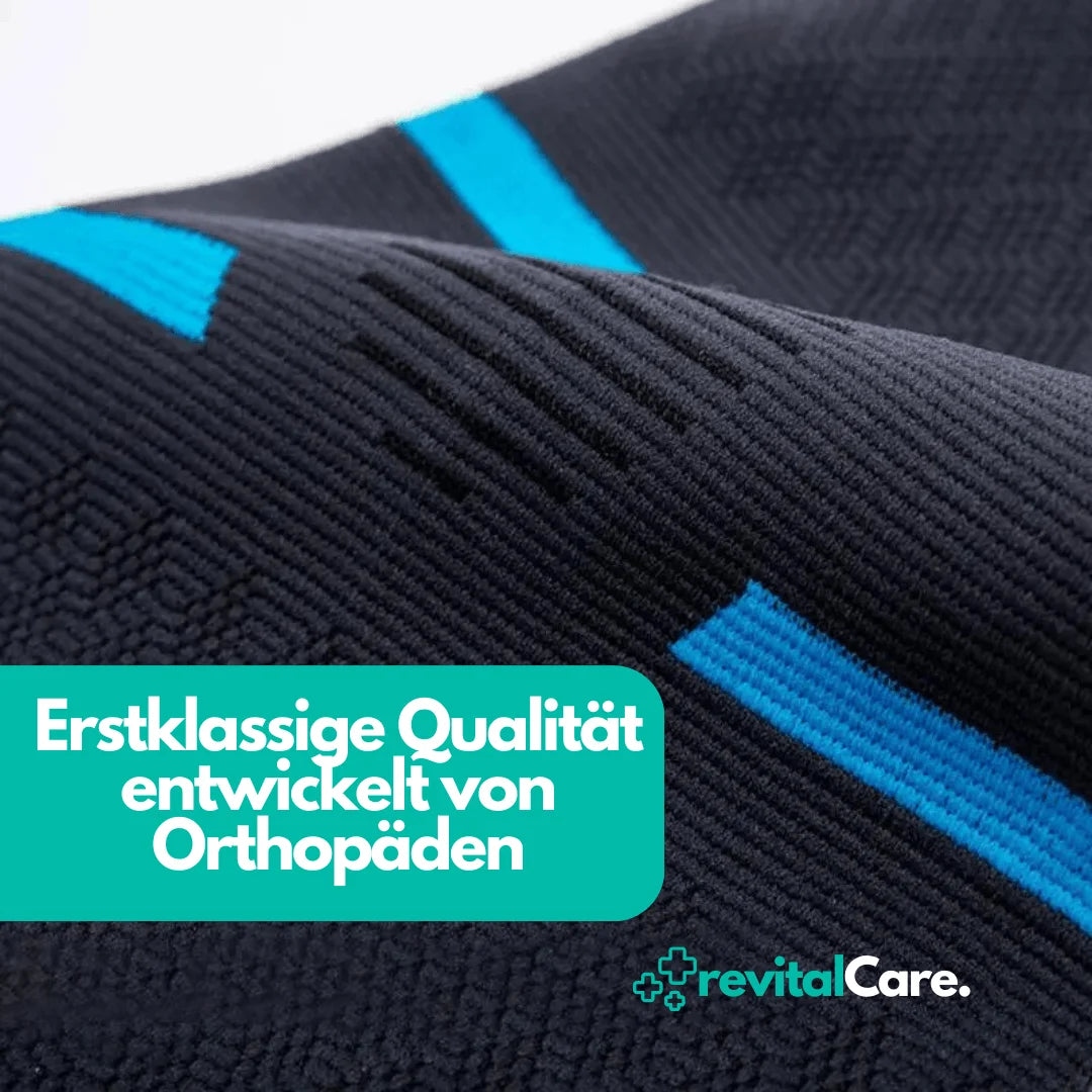 Detailansicht der Textur einer revitalCare Kniebandage, die von Orthopäden für erstklassige Qualität entwickelt wurde.