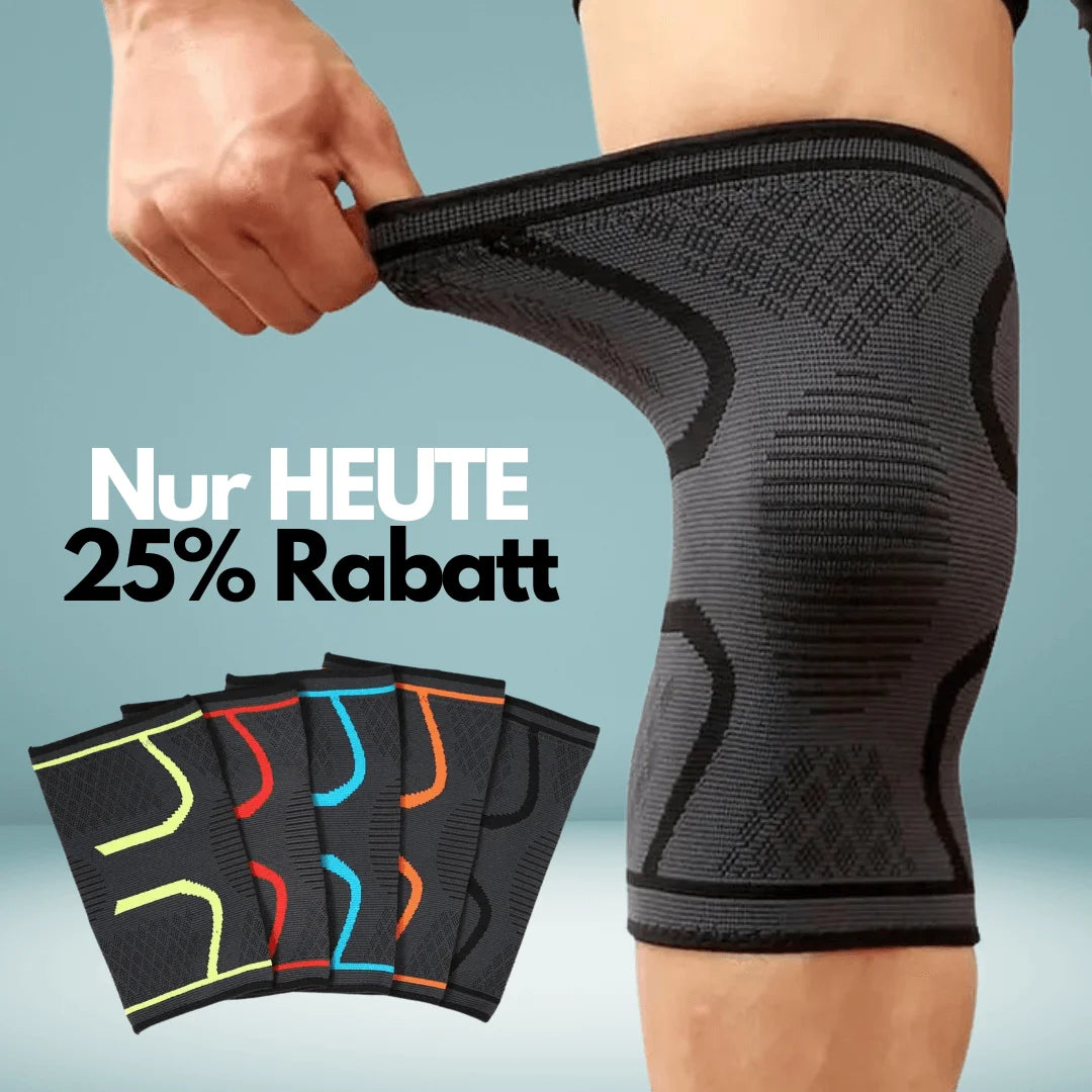 25% Rabatt Aktion auf RevitalCare Sport-Kniebandagen, gezeigt mit elastischer Anpassung für optimale Passform und Unterstützung.