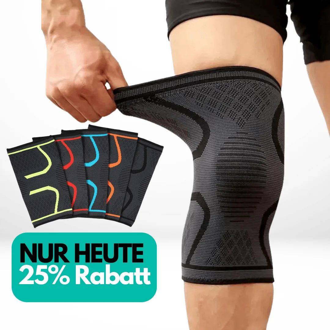 25% Rabatt Aktion auf RevitalCare Sport-Kniebandagen, gezeigt mit elastischer Anpassung für optimale Passform und Unterstützung.