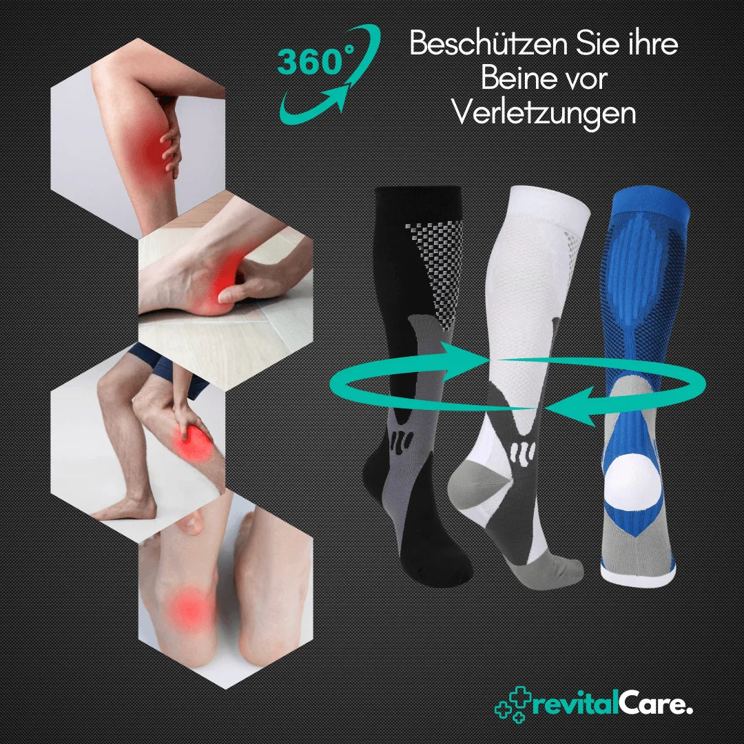 Ein 3er-Pack orthopädischer Kompressionsstrümpfe in Blau, Schwarz und Weiß von RevitalCare, konzipiert zur Prävention von Beinverletzungen, mit Fokus auf Fußprobleme wie Ferse und Achillessehne