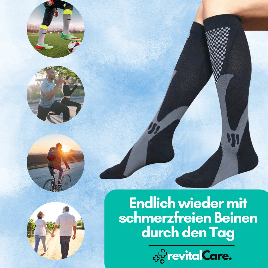 Bild mit dynamischen Alltagsszenen und sportlichen Aktivitäten, illustriert durch die Verwendung von schmerzfreien Beinen dank der orthopädischen Kompressionsstrümpfe von RevitalCare.